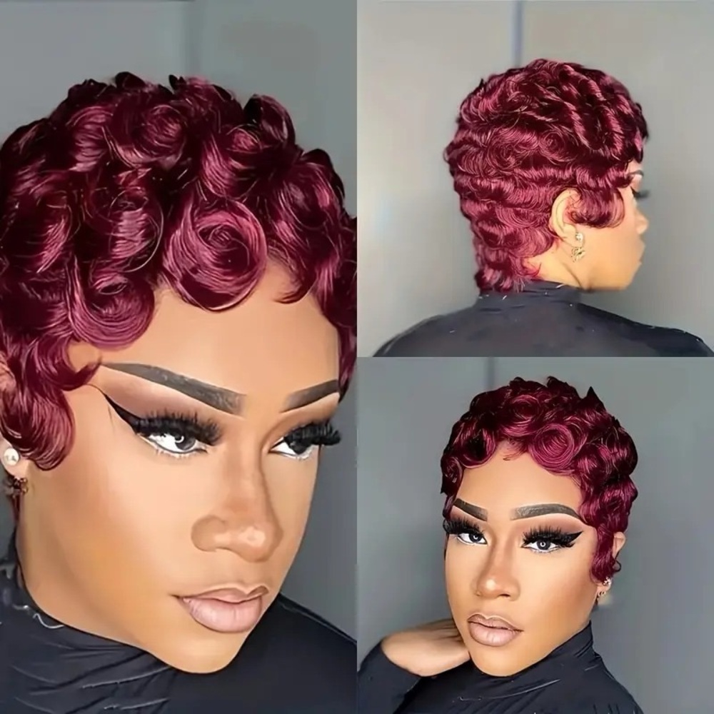 Burgundy Pixie Cut Wig – 180% Density Glueless Human Hair Finger Wave Wig